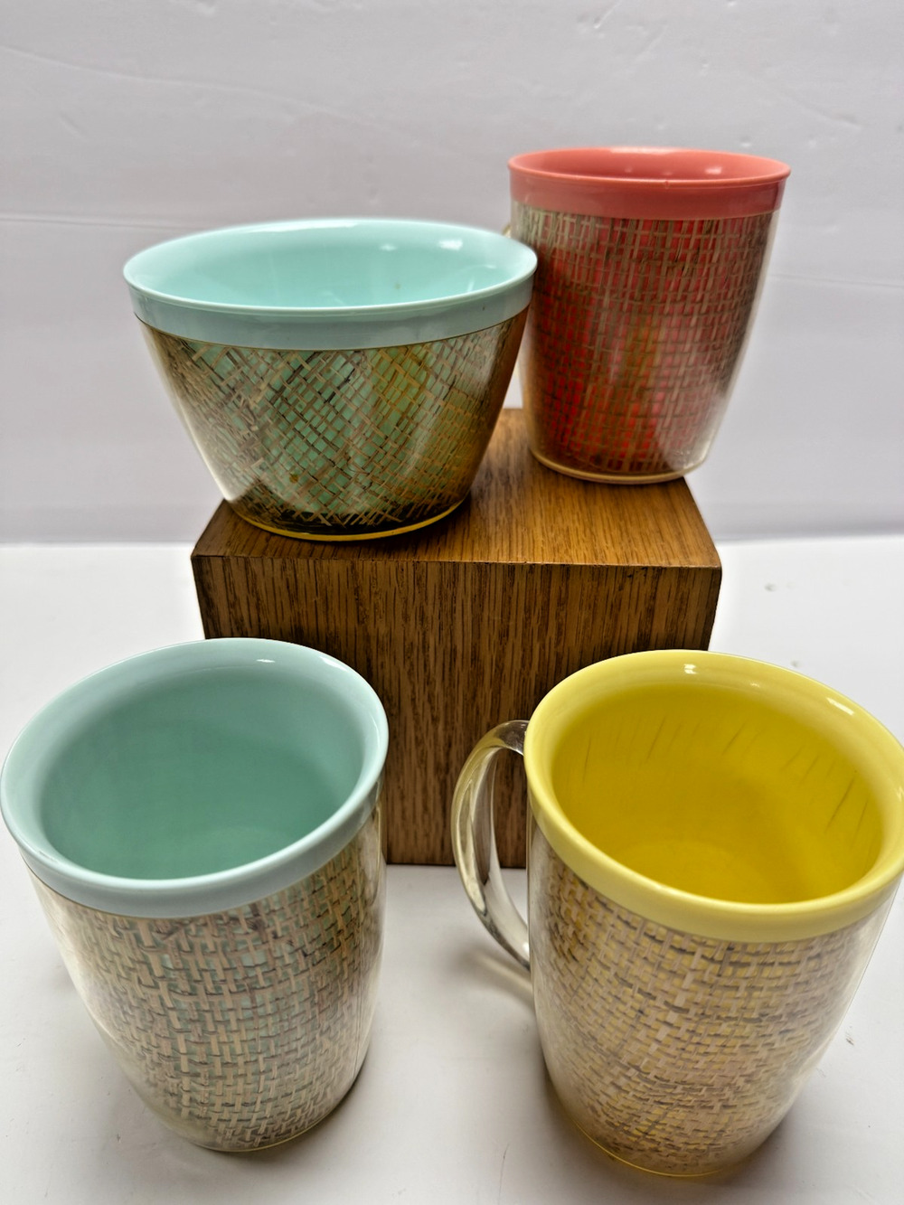Mid Century Raffiaware Lucite Cups Bowl Pastel Atomic 3pc Set